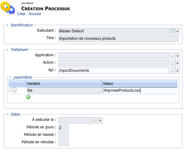 Formulaire de création de processus