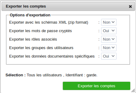 Options d'exportation de comptes
