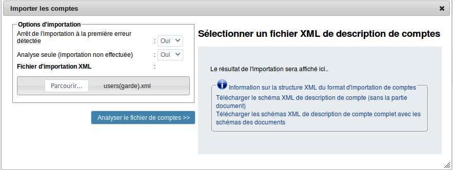 Options d'importation de comptes