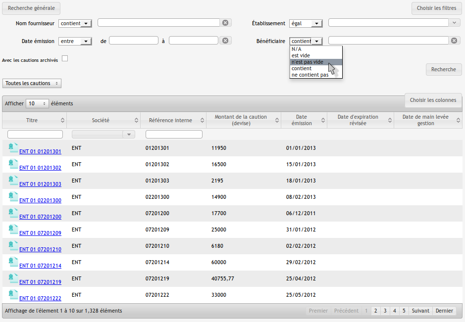 SearchCriteria et DocumentGrid combinés